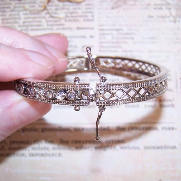 Vintage ADI Thailand Sterling Silver Cubic Zirconia CZ Hinged Bangle Bracelet - Picture 8 of 11